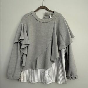 Zara Gray Ruffled Blouse with Striped Detail